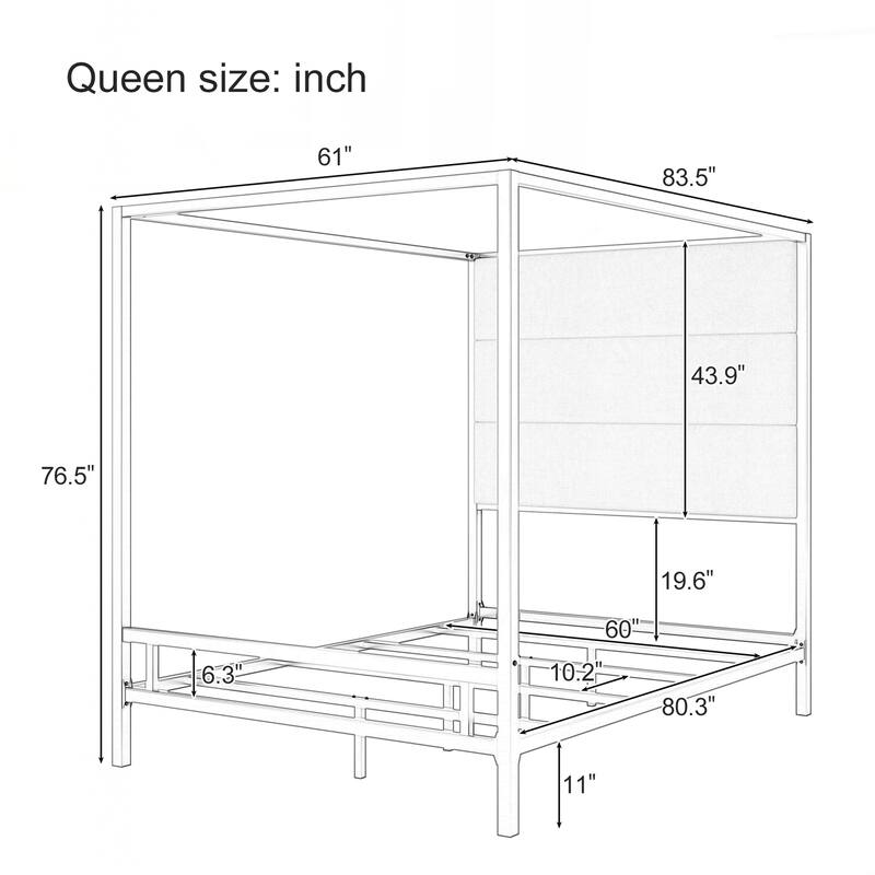 Modern Canopy Bed with 76.5" Tall Fabric Upholstered Headboard Metal 4-Poster Bed Frame - Black