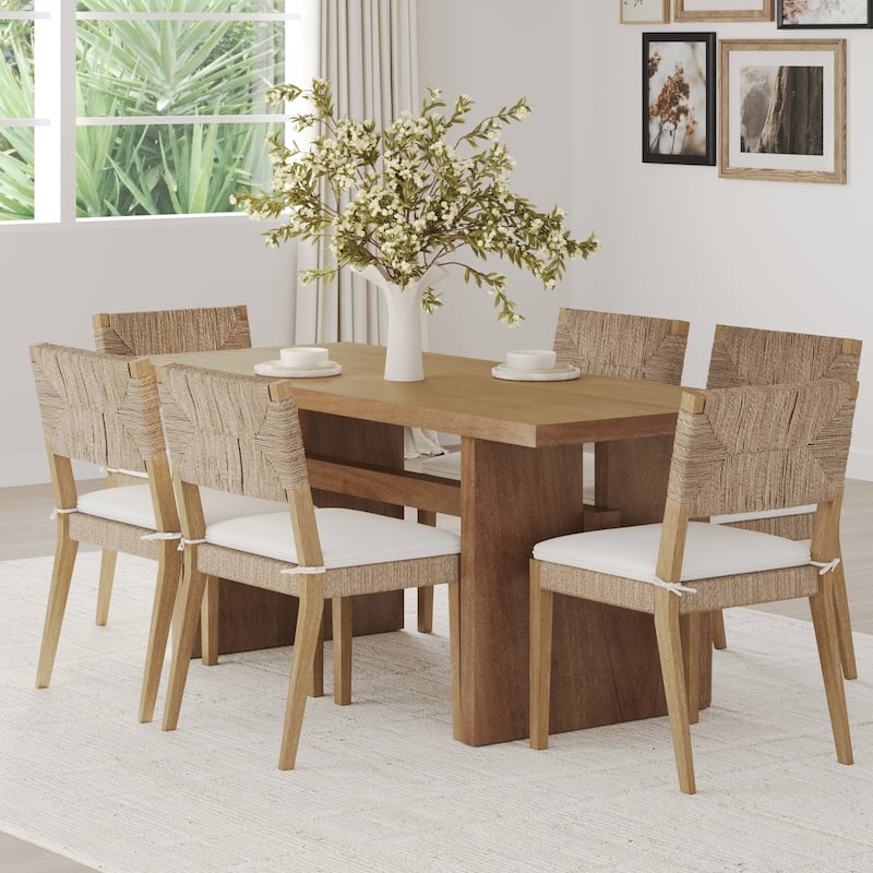 Beacon Boho Dining Chair with Boucle Seat, Seagrass Accent and Solid Wood Legs - Set of 6