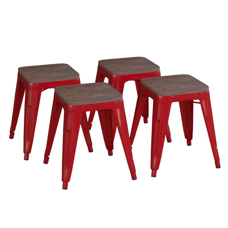Set of 4 18" Table Height Indoor Stackable Metal Stool with Wood Seat