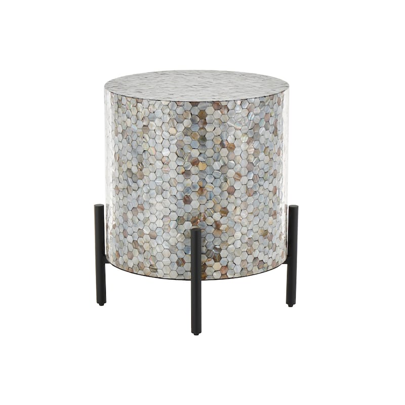 Mother of Pearl Shell Geometric Handmade Mosaic Inlay Accent Table with Black Metal Legs - Multi Colored - Roche River Decor