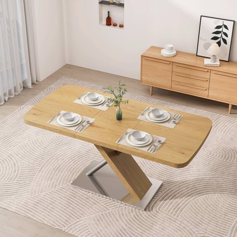 Extendable Dining Table with Crossed Metal Base and Stainless Steel Tubes