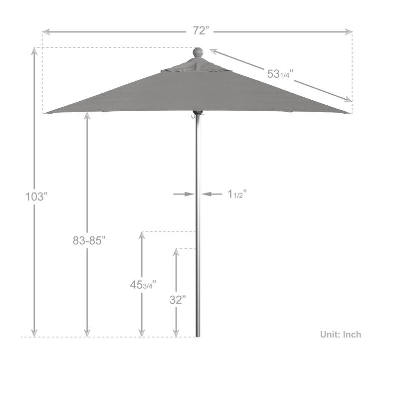 California Umbrella 6' Sq. Aluminum Frame, Fiberglass Rib Patio Umbrella, Push Open, Anodized Sliver Finish, Sunbrella Fabric