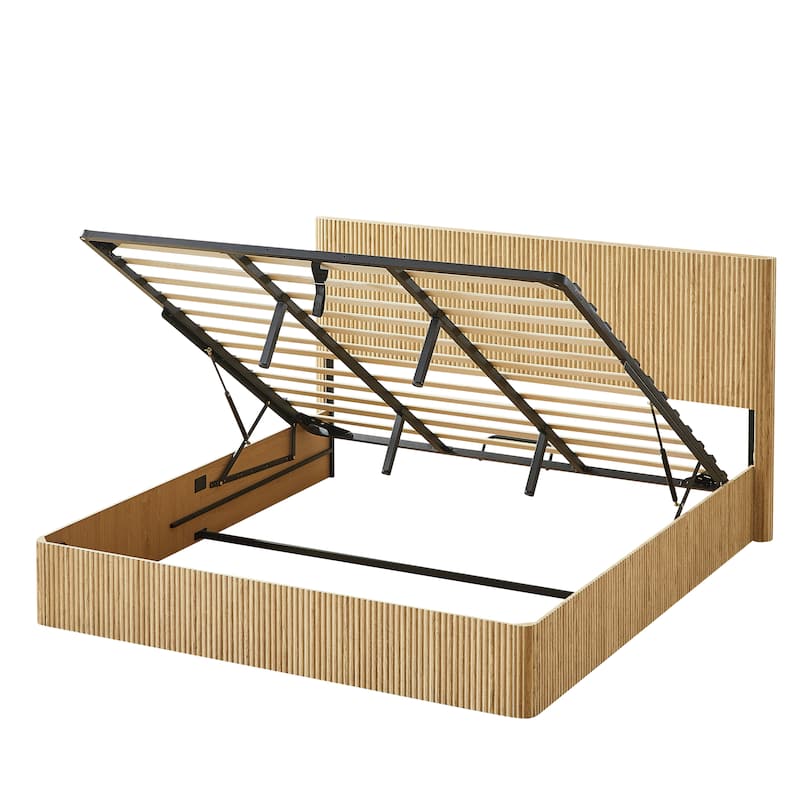 Hydraulic Lift Storage Bed Frame with Headboard/Wooden Corrugated Platform Bed Frame/No Box Spring Needed/Noise-Free Design/King