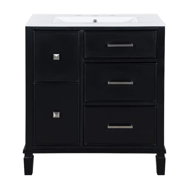 Roomfitters 30" Bathroom Vanity with Ceramic Sink Flip-Out Drawer for Plumbing Solid Wood Legs and MDF Cabinet