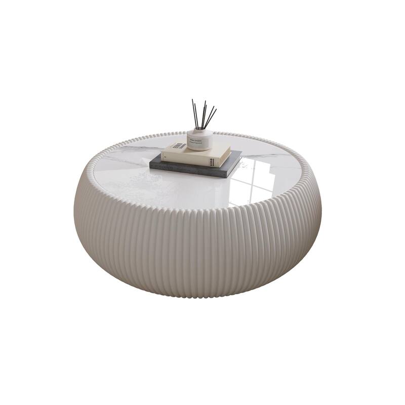 Modern Drum Shape Light Sintered Stone Leather Coffee Table with Grey Pattern