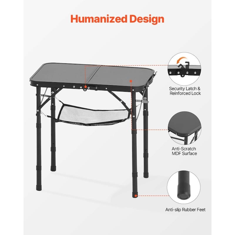 2 Feet Black MDF Portable Folding Camping Table with Adjustable Height and Carry Handle for Outdoor Use
