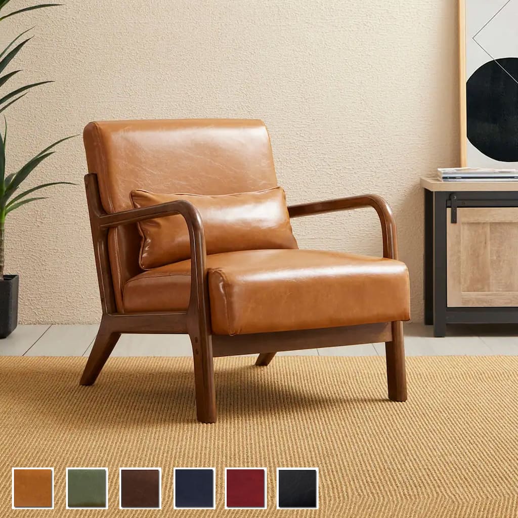 Glitzhome 30.75"H Mid-Century Modern PU Leather Armchair Accent Chair with Pillow - 25.75"W x 33.75"D x 30.75"H