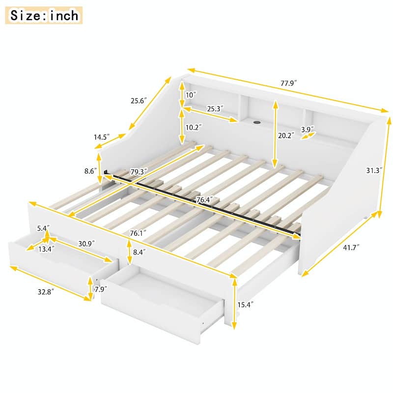Twin to King Size Daybed Frame with Storage, Drawers, and Charging Design
