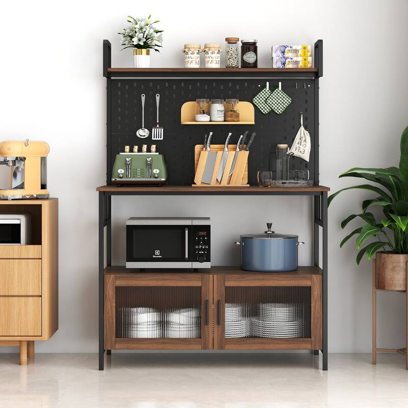 Kitchen Bakers Rack with Door, Microwave Oven Stand, Utility Storage Shelf, Durable Kitchen Organizer for Small Spaces