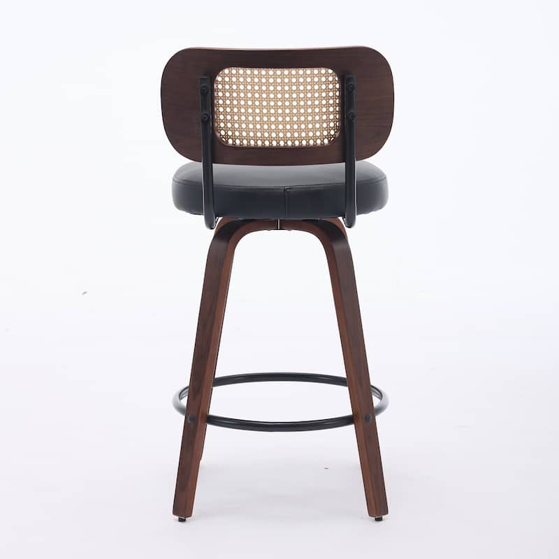 360° Swivel Upholstered Bar Stools Set of 2, 26"H Rattan Counter Height Stools with Cane Back & Wood Frame for Kitchen Island