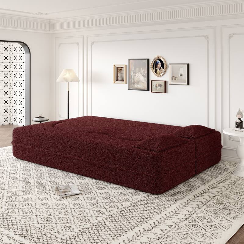 78" Convertible Folding Sofa Bed, Sleeper Sofa with Pillow, Modern Teddy Fabric Floor Loveseat Couch, Foam Mattress Sleeper