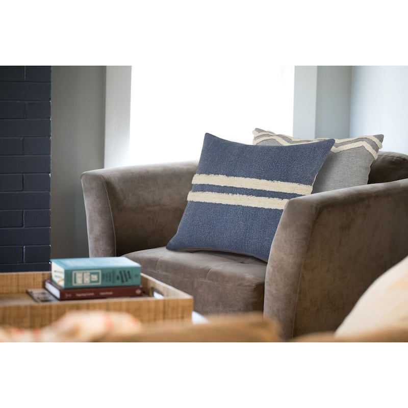 20" Blue and White Double Center Striped Square Throw Pillow