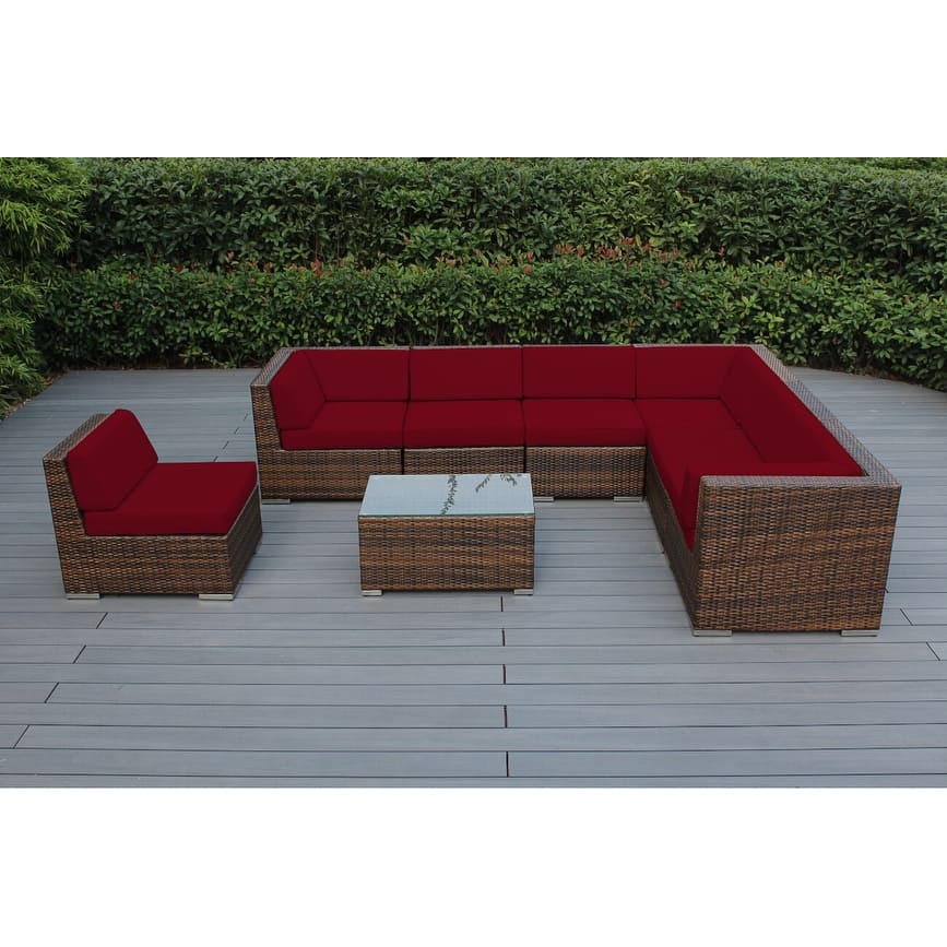 Ohana Outdoor Patio 8 Piece Mixed Brown Wicker Sectional with Cushions - No Assembly