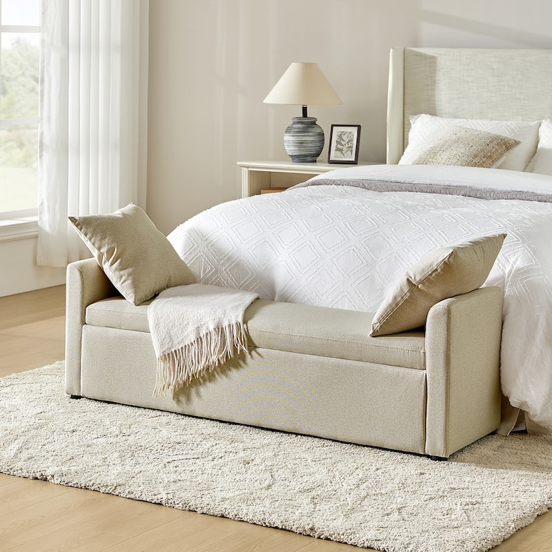 Franco Modern Upholstered Storage Bench with Two Throw Pillows - BEIGE