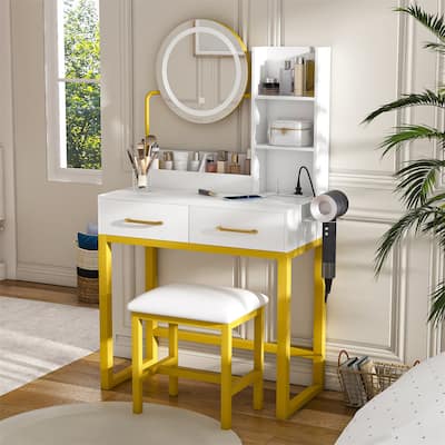 Makeup Vanity with 3 Color LED Lights,Power Outlet,Drawers and Chair
