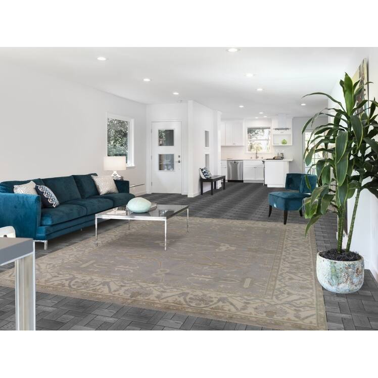 Transitional Gray Oushak Style Area Rug Hand-Knotted Wool Carpet - 7'11" x 9'10"