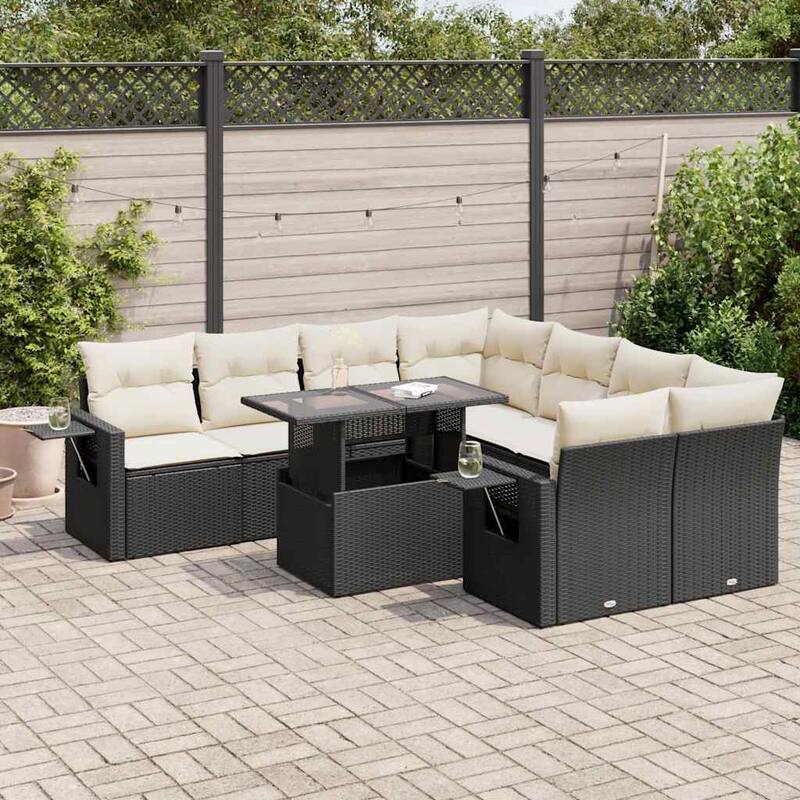 vidaXL Patio Sofa Set with Cushions Outdoor Furniture 9 Piece Poly Rattan - 24.4 x 24.4 x 27.2 - Black and Cream-with storage