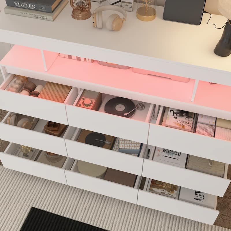 Modern 9-Drawer Dresser with RGB LED Lights and Built-in Power Strip - White Storage Chest