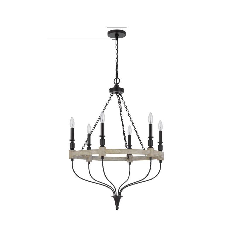 Omy 26 Inch Chandelier, Distressed Wood Wheel Candelabra Design, Black