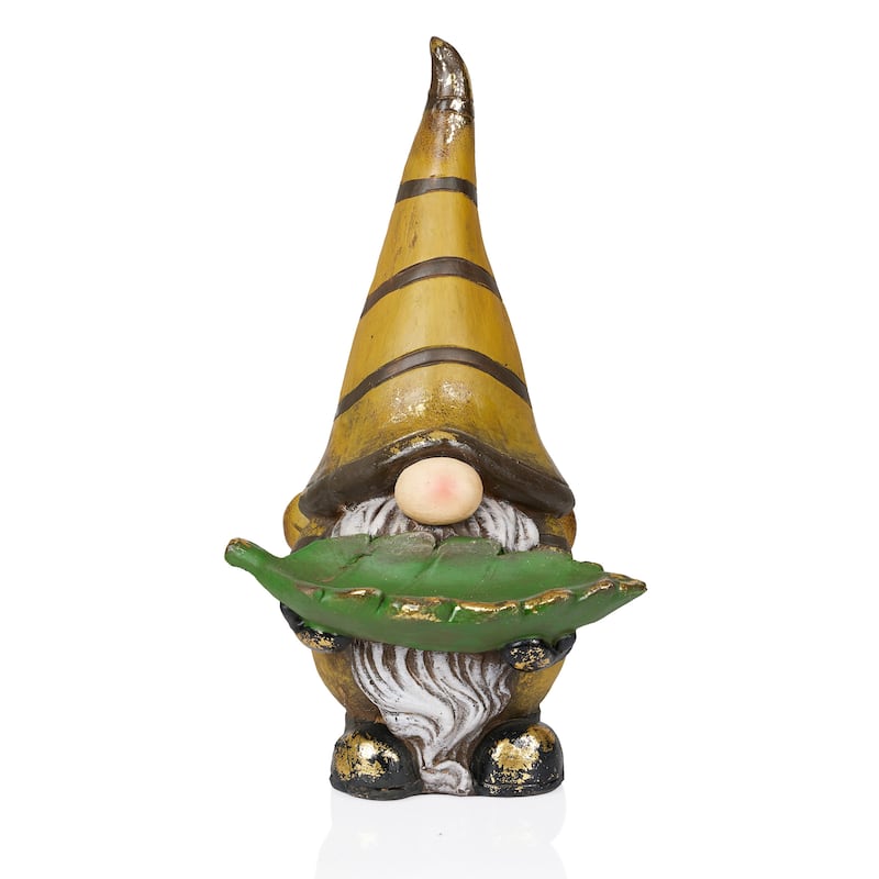 Vintage Gnome Holding Leaf w/ Striped Yellow Hat