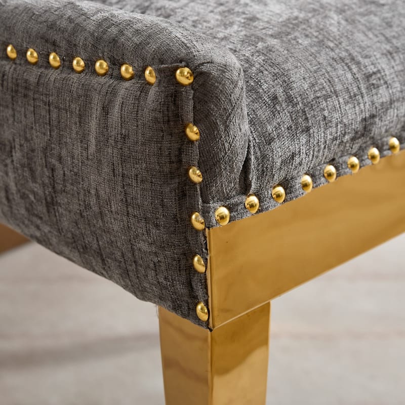 Chenille Dining Chairs, Modern Upholstered Accent Chair with Curved Gold-Plated Legs & Rivet Trim, Plush Fabric, Set of 2