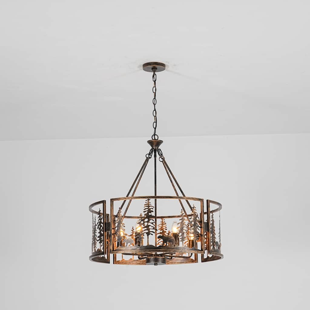 6-Light Black & Gold Iron Chandelier with Adjustable Chain for Rustic Lodge Spaces - 26 in. W x 26.4 in. H