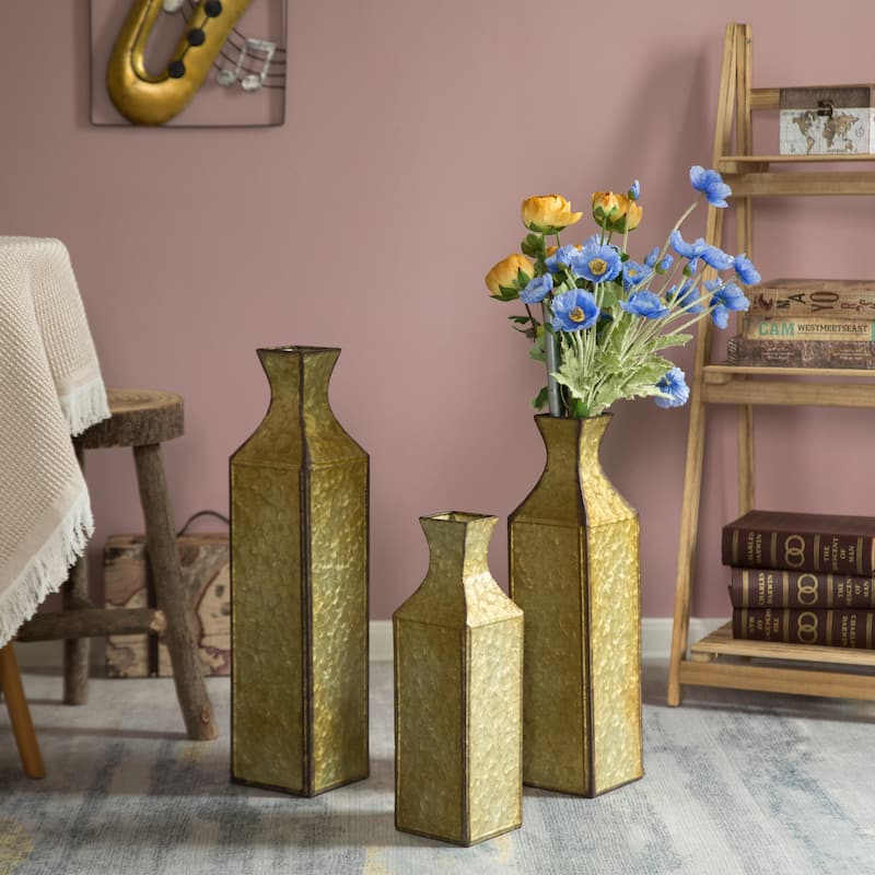 Decorative Antique Style Metal Bottle Shape Gold Floor Vase for Entryway, Living Room, Dining Room, Home Decor, Centerpiece - Set of 3