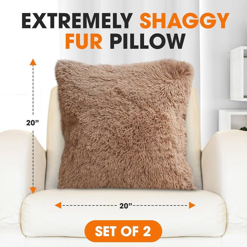 Cheer Collection Super Soft Shaggy Long Hair Throw Pillows Set of 2 Plush Accent Cushions