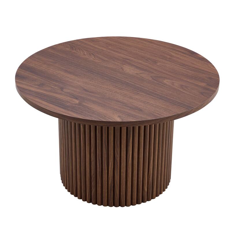 A modern circular coffee table with a diameter of 27.5 inches. MDF material,cylindrical table leg design
