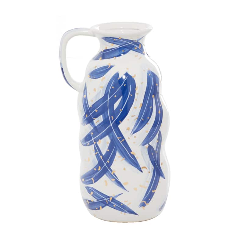 Ceramic Handmade Vase with Blue Leaf Design - Blue - Roche River Decor - Blue