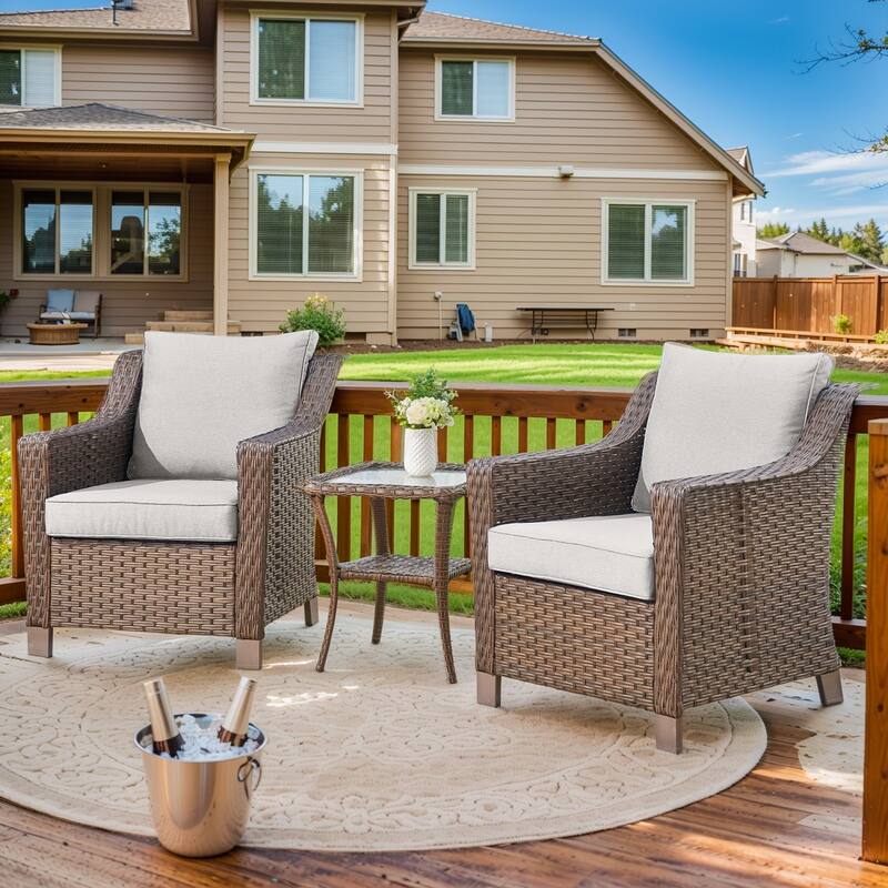 PE Rattan Chair Outdoor Patio Chair with Coffee Table - Beige - Brown