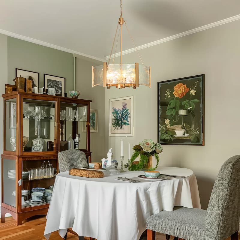 Mid-Century Modern 6-Light Gold Drum Chandelier Glass Pendant Light for Dining Room - 19.5"D x 26"H