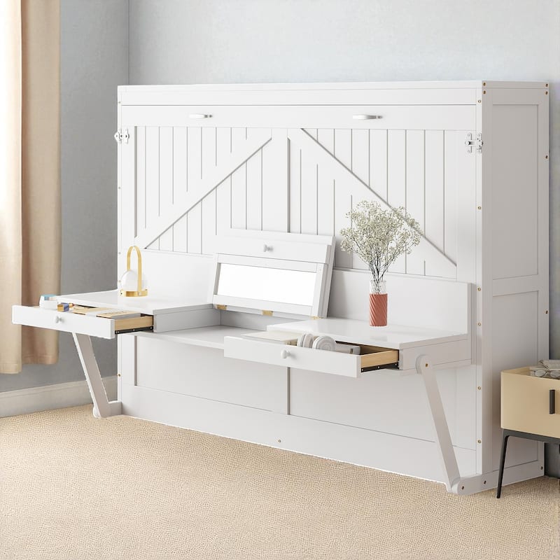 Queen Size Murphy Wall Bed with Storage, Foldable Cabinet Bed with Vanity Desk, Mirror & 2 Drawers - White - Queen