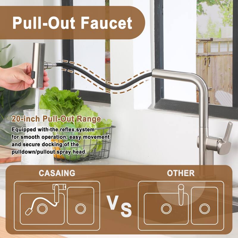 Single Handle Pull Out Sprayer Kitchen Faucet with 3 Functions Spray, 360° swivel