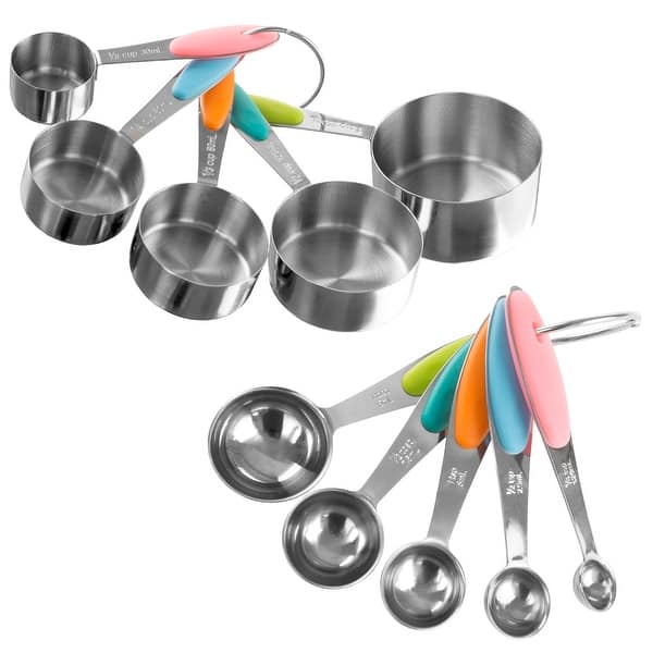 Classic Cuisine 10-Piece Measuring Cups and Spoons Set – Stainless-Steel with Colored Silicone Handles and Metal Ring Hanger