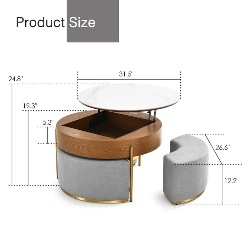 Modern Round Faux Marble Lift-Top Coffee Table Set with Stools and Storage - L 31.5'×W 31.5'×H 19.29'