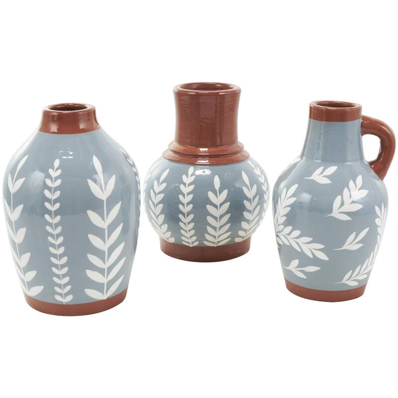 Ceramic Floral Decorative Vase with Terracotta Colored or White Detailing - Set of 3 White or Blue - Roche River Decor