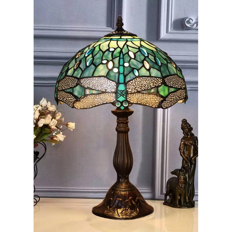Tiffany Style Table Lamp Green Dragonfly with Metal Base