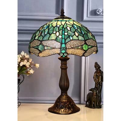 Tiffany Style Table Lamp Green Dragonfly with Metal Base