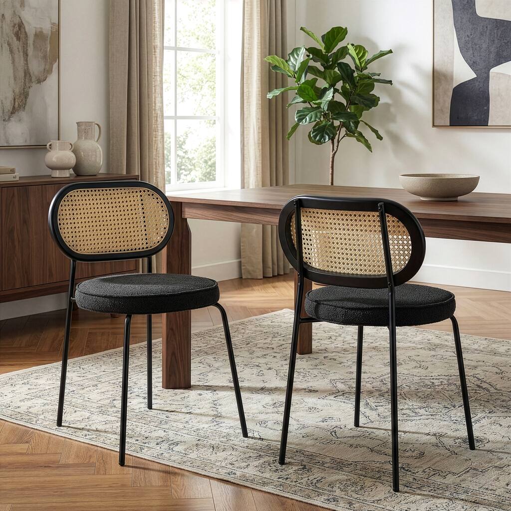 Set of 2 Azem Black Boucle Dining Chair with Rattan Backrest and Chrome Legs