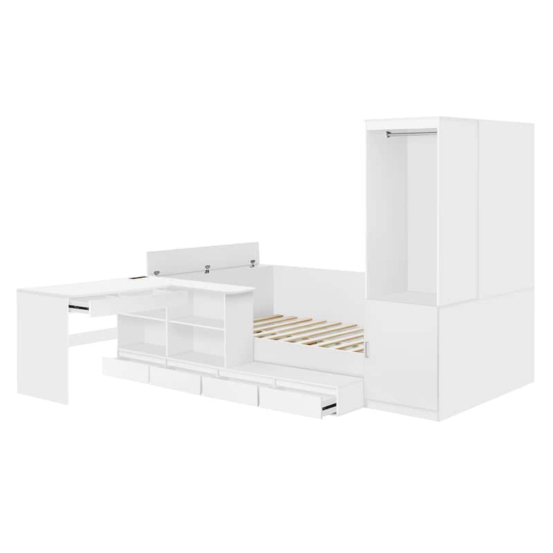Full Size Corner Bed Frame with 6 Drawers, Wood Platform Storage Bed with Shelves and Wardrobe & Desk, Modern Floor Bed Frame
