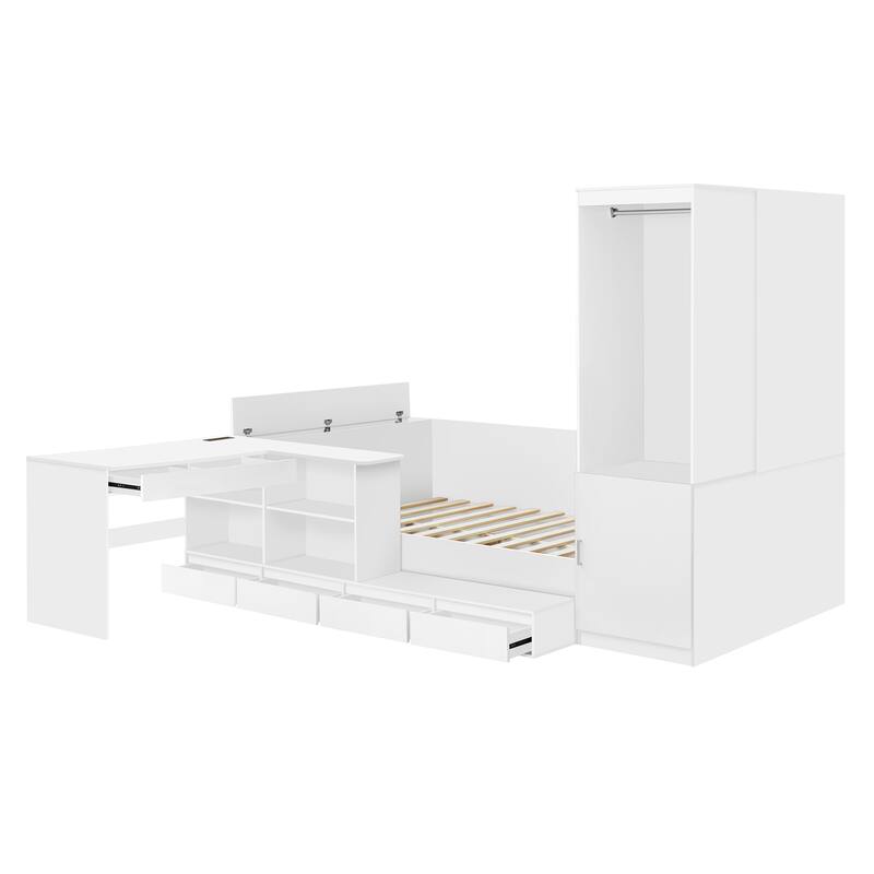 Full Size White Wooden Platform Bed with Storage, Desk, and Wardrobe