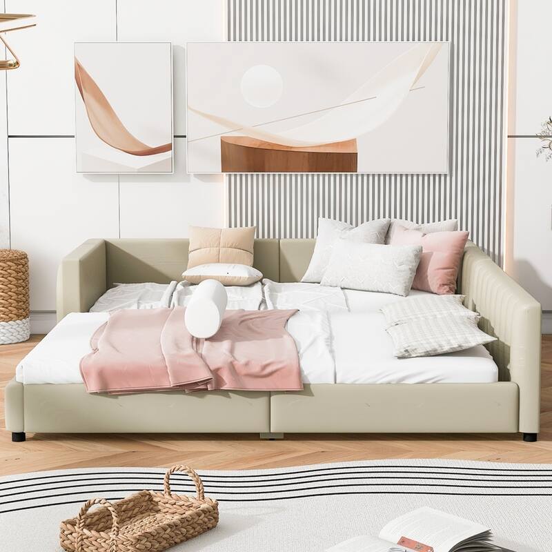Queen Size & Twin XL Size Upholstered Mother & Child Bed - Beige