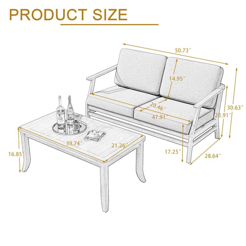 Outdoor Loveseat Sofa with Coffee Table Teak Wood Patio Furniture