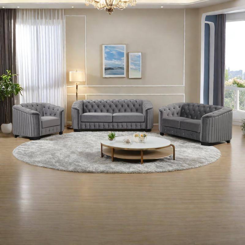 3-Pieces 6-Seat Velvet Sofa Set (3+2+1) with Rubber Wood Legs & Tufted Back - Gray