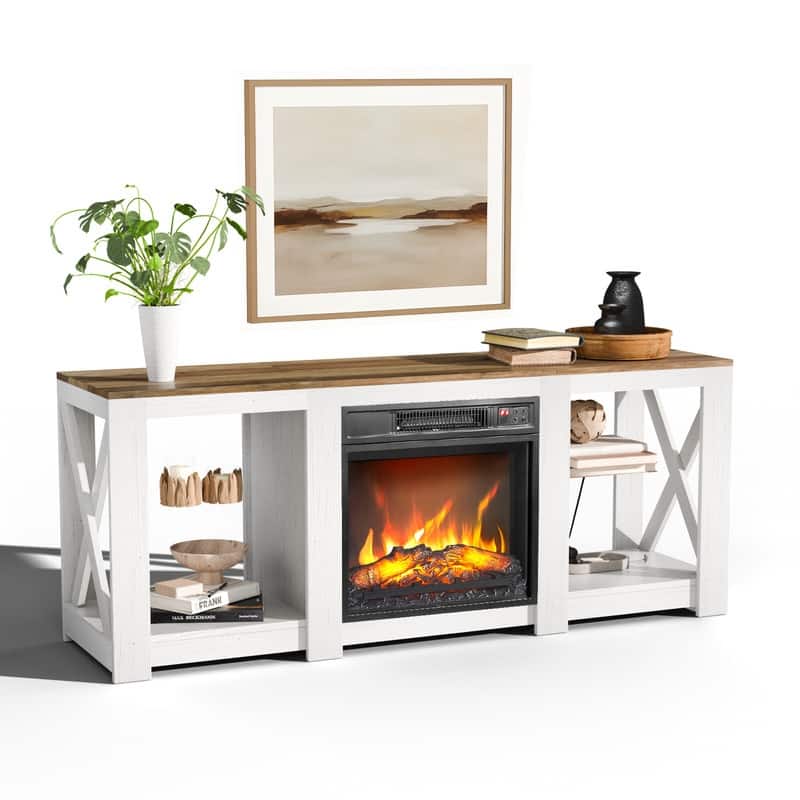 TV Stand with Optional Fireplace for TVs up to 70in Farmhouse Entertainment Center with Adjustable Shelves