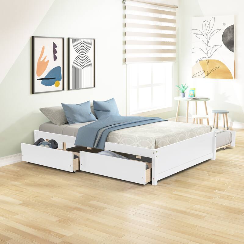 Full Size Wooden Platform Bed with Twin Trundle and Two Storage Drawers, Headboard & Footboard, No Box Spring Needed