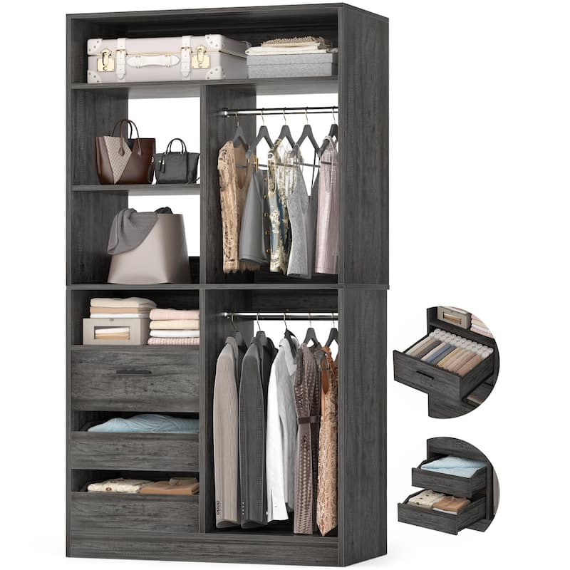 Qvella 72"-108" Closet System with Drawers and Hanging Rods,Freestanding Walk-in Closet Organizer System Wardrobe Closet Tower