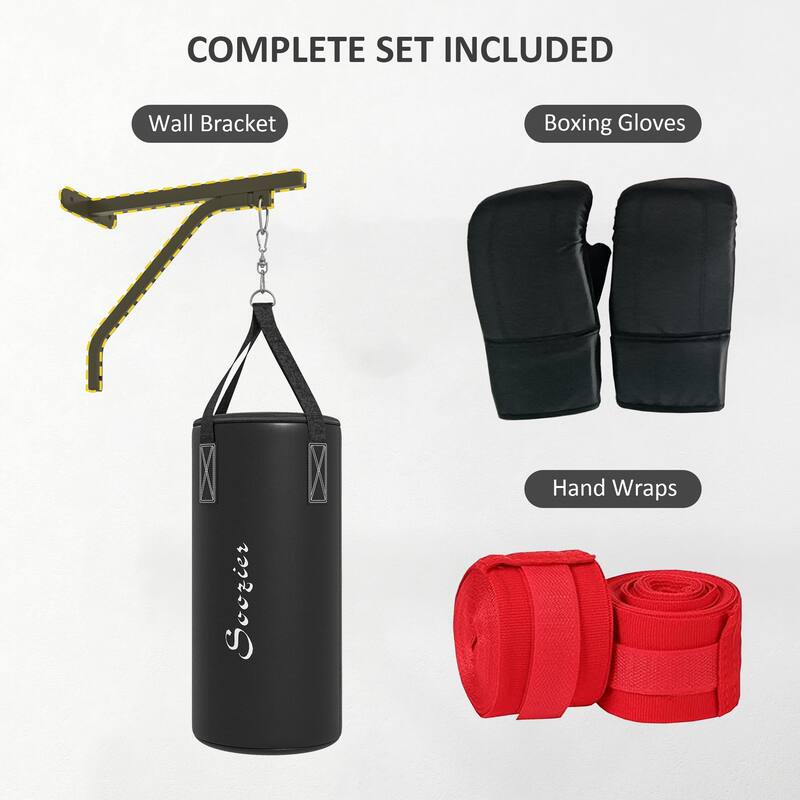Soozier Unfilled Punching Bag Hanger, Heavy Bag Wall Mount Set with Bracket, Boxing Gloves, Hand Wraps and Swivel Hook