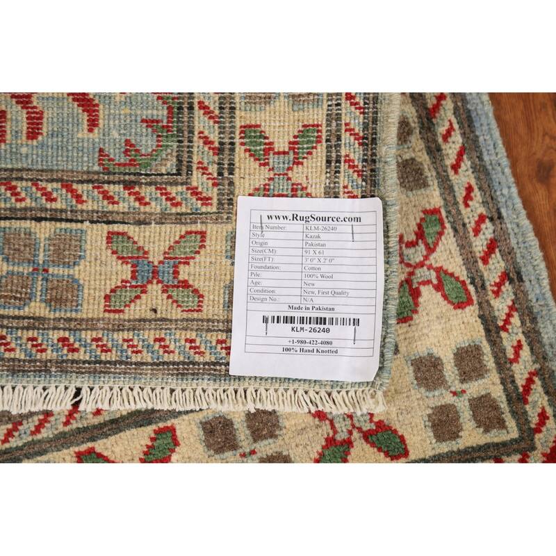 Light Blue Geometric Kazak Foyer Rug Hand-Knotted Wool Carpet - 2'0"x 3'0"